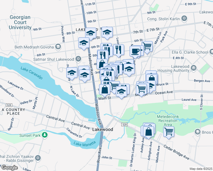 map of restaurants, bars, coffee shops, grocery stores, and more near 256 2nd Street in Lakewood Township