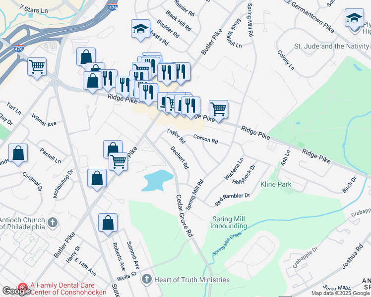 map of restaurants, bars, coffee shops, grocery stores, and more near 28 Taylor Road in Conshohocken