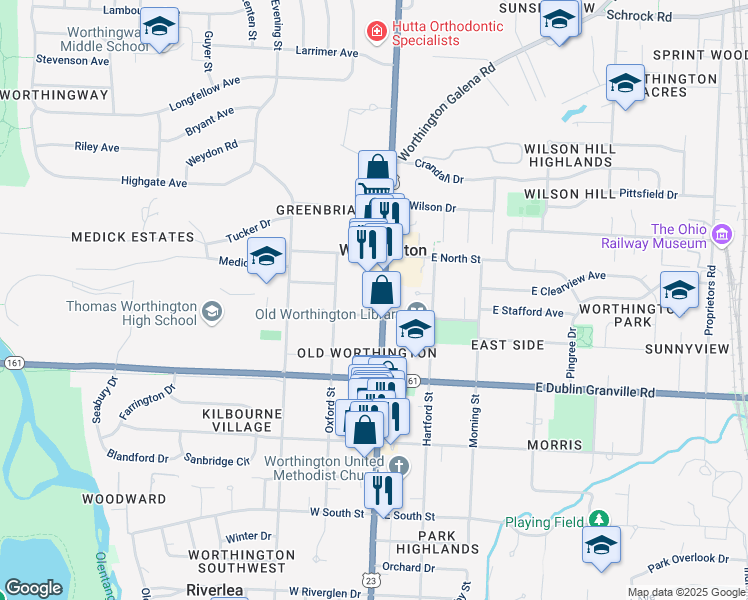map of restaurants, bars, coffee shops, grocery stores, and more near 885 North High Street in Columbus