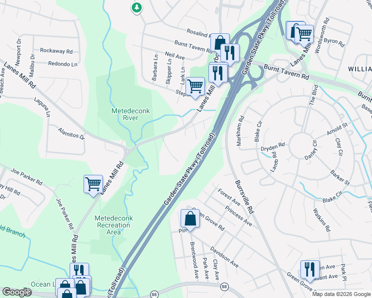 map of restaurants, bars, coffee shops, grocery stores, and more near 515 Sandra Place in Brick Township