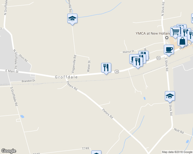 map of restaurants, bars, coffee shops, grocery stores, and more near 942 West Main Street in New Holland