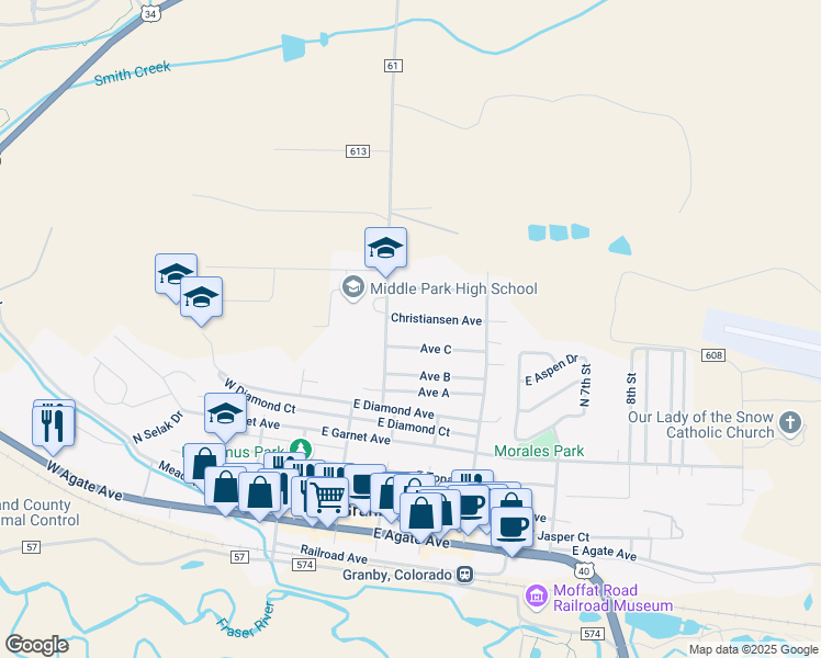 map of restaurants, bars, coffee shops, grocery stores, and more near 265 Christiansen Avenue in Granby