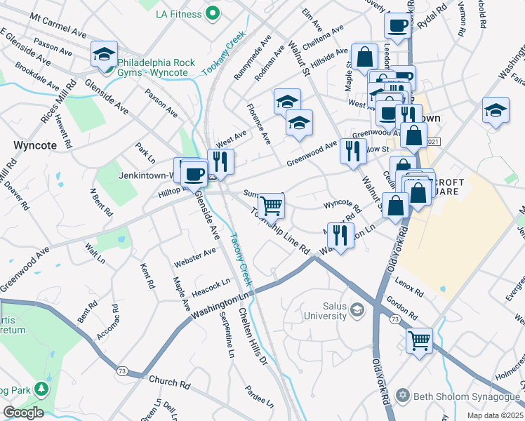 map of restaurants, bars, coffee shops, grocery stores, and more near 126 Summit Avenue in Jenkintown