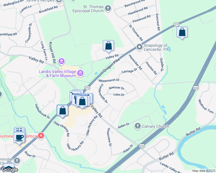 map of restaurants, bars, coffee shops, grocery stores, and more near 1046 Roesser Drive in Lancaster