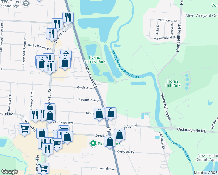 map of restaurants, bars, coffee shops, grocery stores, and more near 1282 Mount Vernon Road in Newark