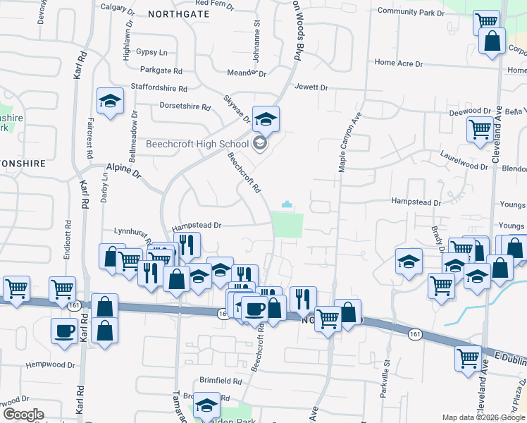 map of restaurants, bars, coffee shops, grocery stores, and more near 6057 Beechcroft Road in Columbus