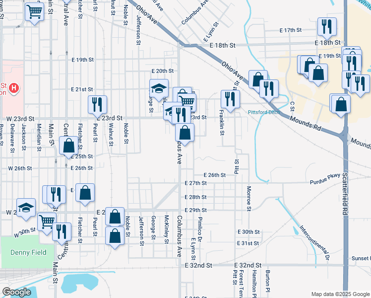 map of restaurants, bars, coffee shops, grocery stores, and more near 2450 Columbus Avenue in Anderson