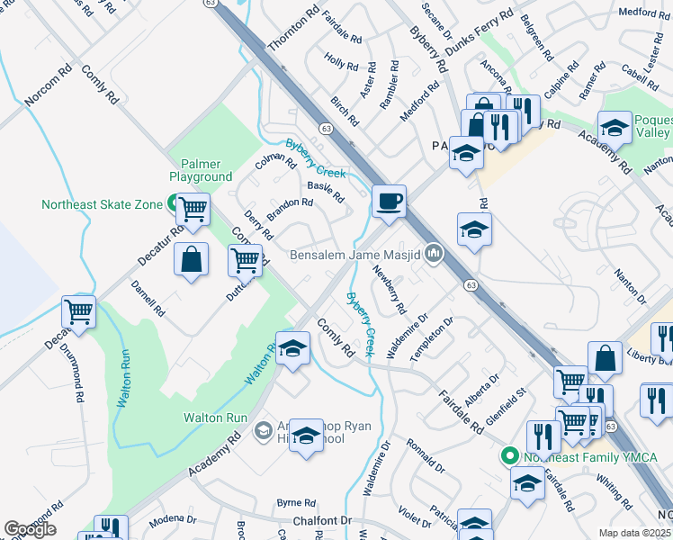 map of restaurants, bars, coffee shops, grocery stores, and more near 11754 Academy Place in Philadelphia