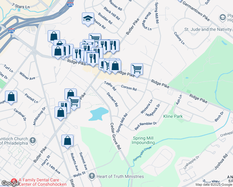 map of restaurants, bars, coffee shops, grocery stores, and more near 28 Taylor Road in Conshohocken