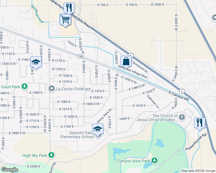 map of restaurants, bars, coffee shops, grocery stores, and more near 1428 South 2850 East in Spanish Fork