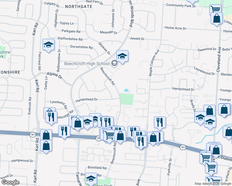 map of restaurants, bars, coffee shops, grocery stores, and more near 6057 Beechcroft Road in Columbus