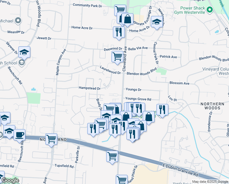 map of restaurants, bars, coffee shops, grocery stores, and more near 5899 Cleveland Avenue in Columbus