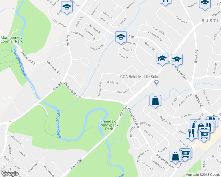 map of restaurants, bars, coffee shops, grocery stores, and more near 8626 Ferndale Street in Philadelphia