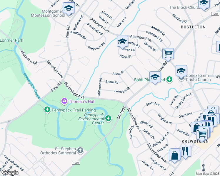 map of restaurants, bars, coffee shops, grocery stores, and more near 8626 Ferndale Street in Philadelphia