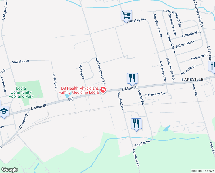 map of restaurants, bars, coffee shops, grocery stores, and more near 5 Brethren Church Road in Leola