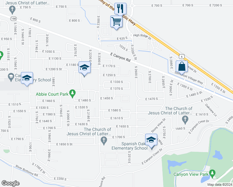 map of restaurants, bars, coffee shops, grocery stores, and more near 1423 South 2370 East in Spanish Fork