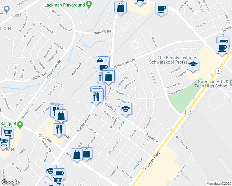 map of restaurants, bars, coffee shops, grocery stores, and more near 1914 President Street in Philadelphia