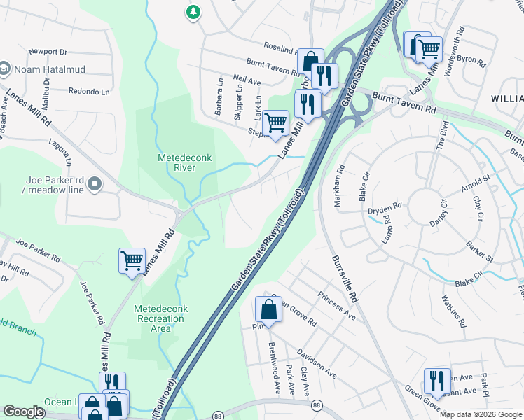 map of restaurants, bars, coffee shops, grocery stores, and more near 99 Old Lanes Mill Road in Brick Township