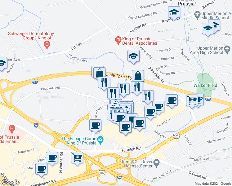 map of restaurants, bars, coffee shops, grocery stores, and more near 234 Mall Boulevard in King of Prussia