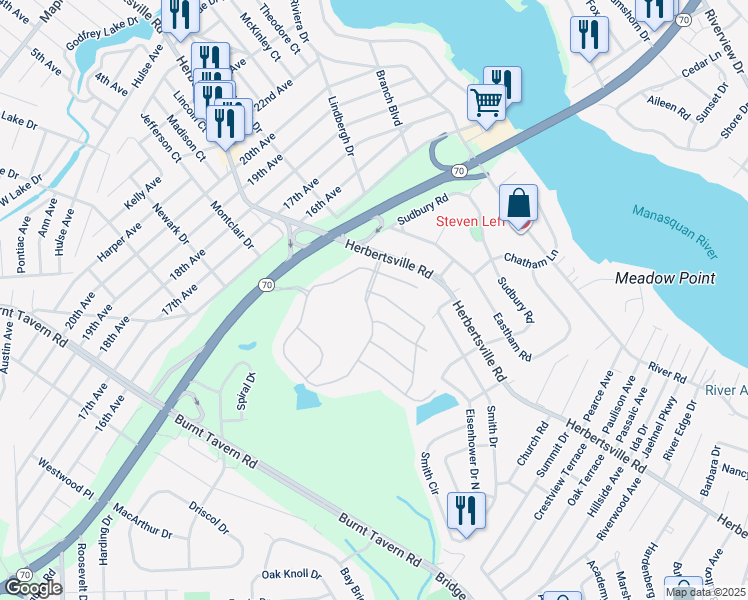 map of restaurants, bars, coffee shops, grocery stores, and more near 8 Impatiens Court in Brick Township