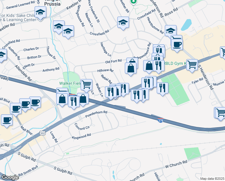 map of restaurants, bars, coffee shops, grocery stores, and more near 413 Brandywine Lane in King of Prussia