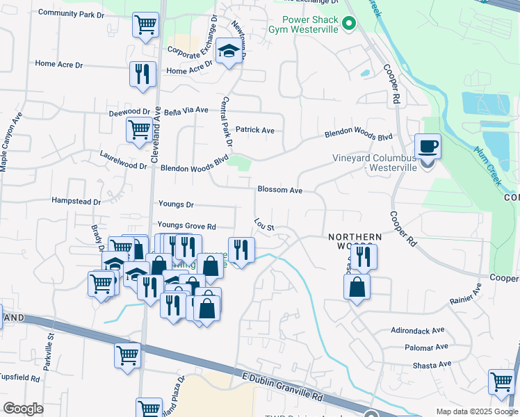 map of restaurants, bars, coffee shops, grocery stores, and more near 5824 Lou Street in Columbus