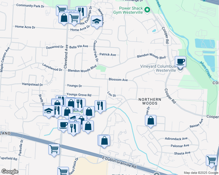 map of restaurants, bars, coffee shops, grocery stores, and more near 5824 Lou Street in Columbus