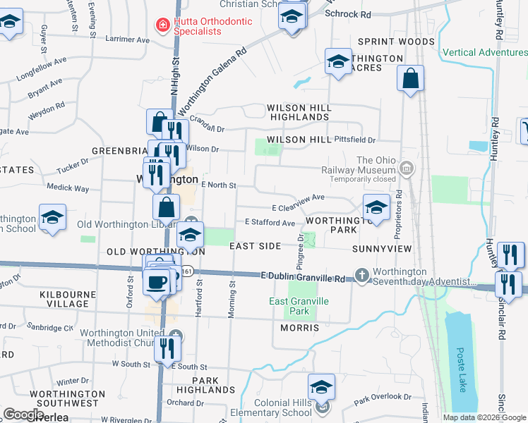 map of restaurants, bars, coffee shops, grocery stores, and more near 244 East Clearview Avenue in Worthington