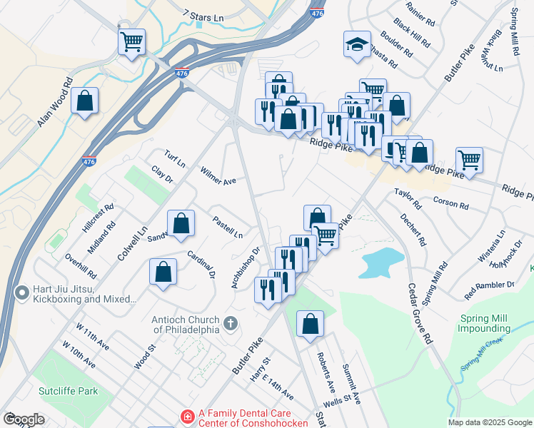 map of restaurants, bars, coffee shops, grocery stores, and more near 102 West North Lane in Conshohocken