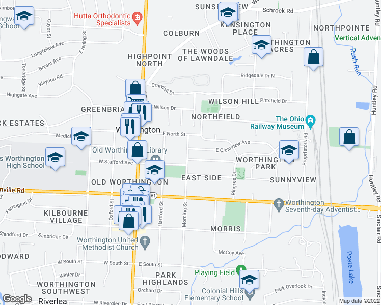 map of restaurants, bars, coffee shops, grocery stores, and more near 175 East Clearview Avenue in Worthington