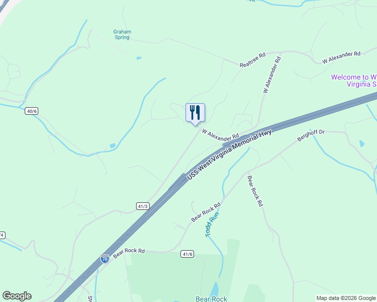 map of restaurants, bars, coffee shops, grocery stores, and more near 3088 West Alexander Road in Valley Grove