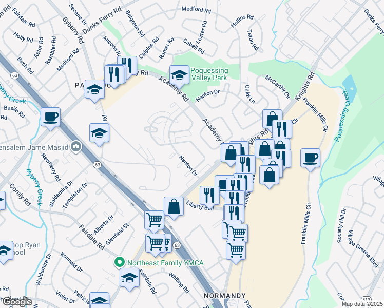 map of restaurants, bars, coffee shops, grocery stores, and more near 3721 Nanton Place in Philadelphia