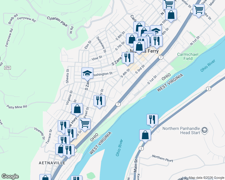 map of restaurants, bars, coffee shops, grocery stores, and more near 650-698 S 4th St in Martins Ferry
