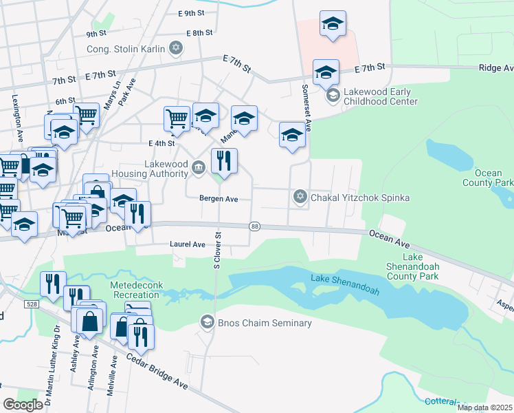 map of restaurants, bars, coffee shops, grocery stores, and more near 29 Holly Street in Lakewood Township