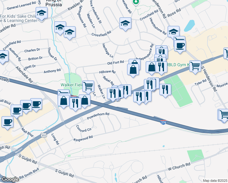 map of restaurants, bars, coffee shops, grocery stores, and more near 413 Brandywine Lane in King of Prussia