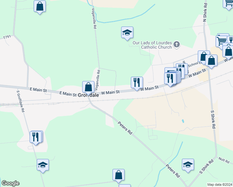 map of restaurants, bars, coffee shops, grocery stores, and more near 954 West Main Street in New Holland
