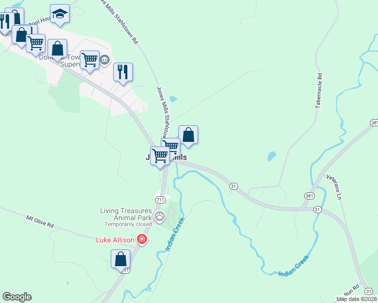 map of restaurants, bars, coffee shops, grocery stores, and more near 3865 Pennsylvania 31 in Jones Mills