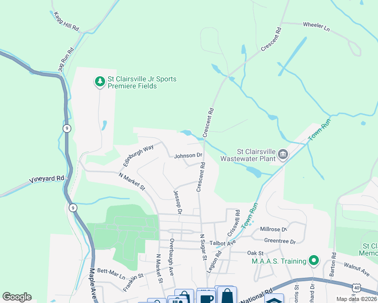 map of restaurants, bars, coffee shops, grocery stores, and more near 49335 Johnson Drive in Saint Clairsville