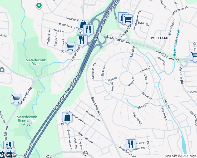 map of restaurants, bars, coffee shops, grocery stores, and more near 12 Kingsley Court in Brick Township