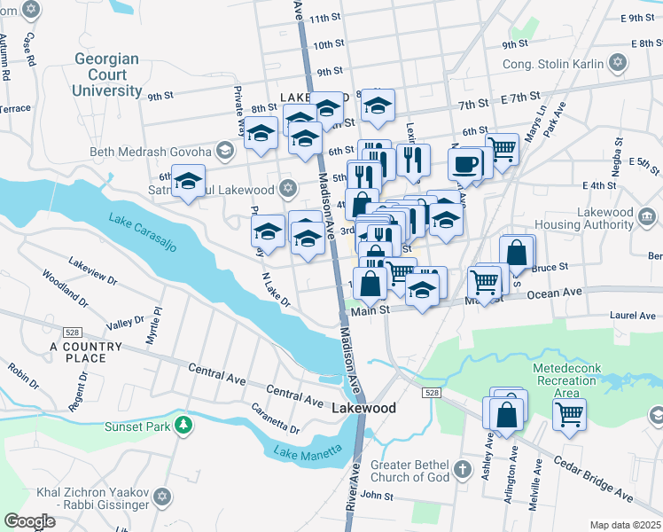 map of restaurants, bars, coffee shops, grocery stores, and more near 417 2nd Street in Lakewood