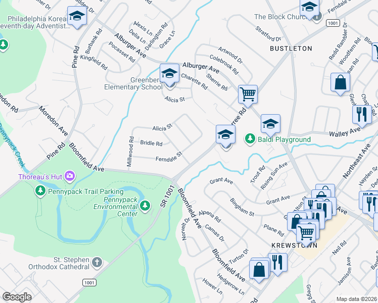 map of restaurants, bars, coffee shops, grocery stores, and more near 8711 Ferndale Street in Philadelphia