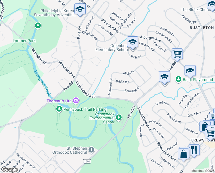 map of restaurants, bars, coffee shops, grocery stores, and more near 726 Millwood Road in Philadelphia
