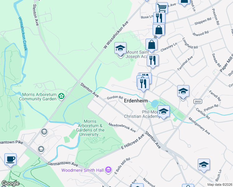 map of restaurants, bars, coffee shops, grocery stores, and more near 42 Brookside Road in Erdenheim