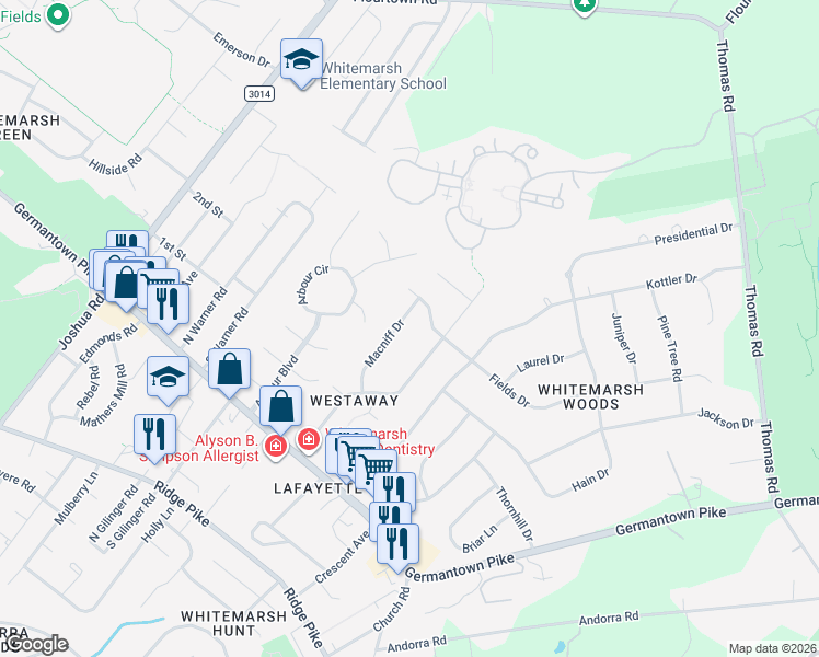 map of restaurants, bars, coffee shops, grocery stores, and more near 4042 Macniff Drive in Lafayette Hill