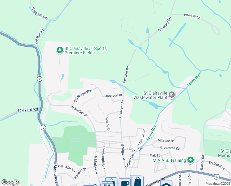 map of restaurants, bars, coffee shops, grocery stores, and more near 49335 Johnson Drive in Saint Clairsville