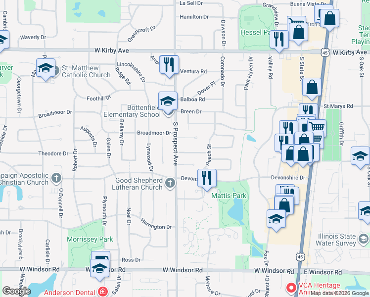 map of restaurants, bars, coffee shops, grocery stores, and more near 10 Litchfield Lane in Champaign
