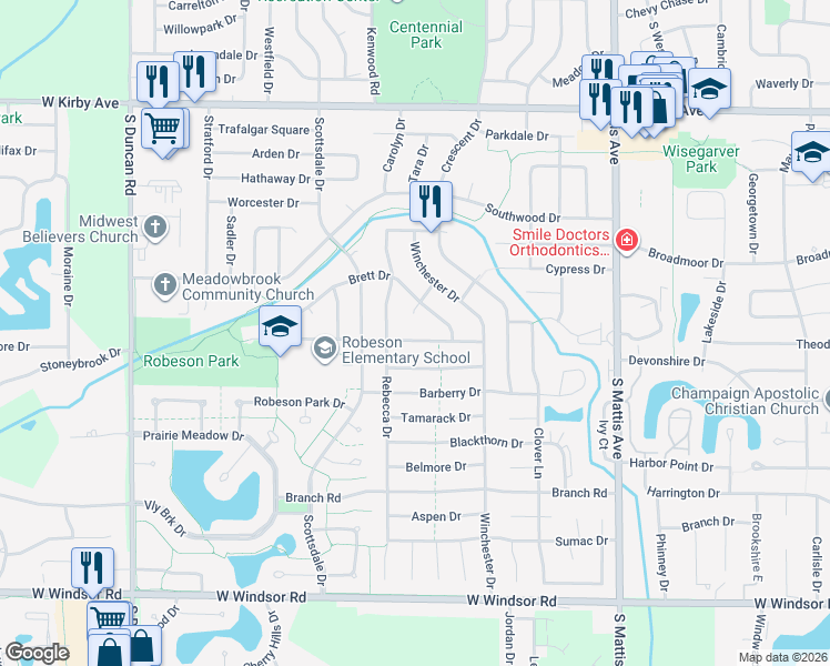 map of restaurants, bars, coffee shops, grocery stores, and more near 2303 Brookhaven Drive in Champaign