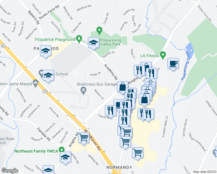 map of restaurants, bars, coffee shops, grocery stores, and more near 3785 Genesee Drive in Philadelphia