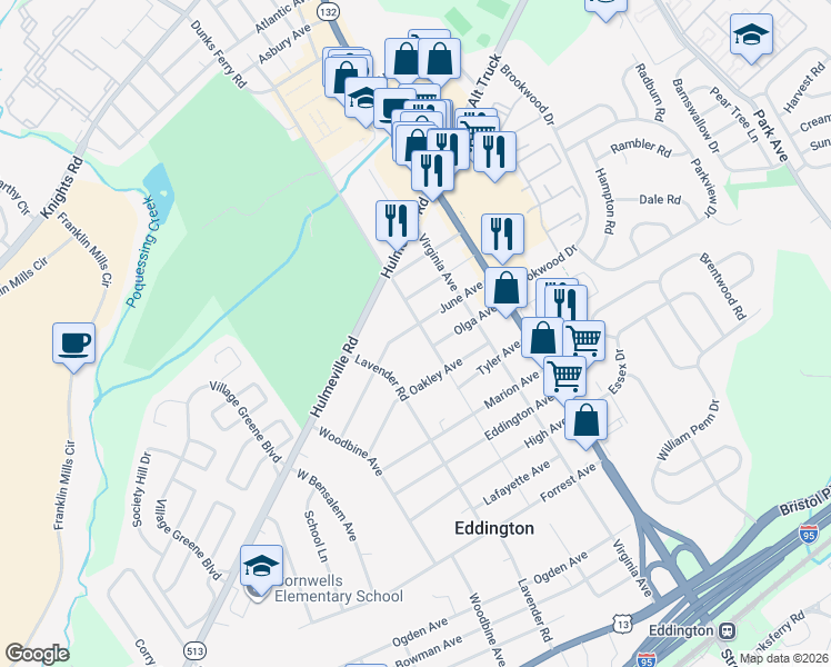 map of restaurants, bars, coffee shops, grocery stores, and more near 1712 Brown Avenue in Bensalem