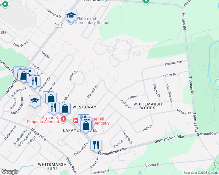 map of restaurants, bars, coffee shops, grocery stores, and more near 611 Fields Drive in Lafayette Hill